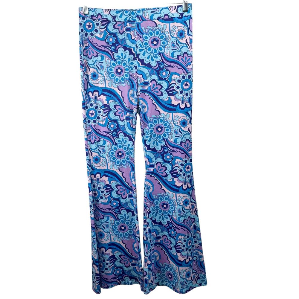 Shein Blue Multi Floral Flared Pants Groovy Retro 70s Hippie Yoga Leggings Large